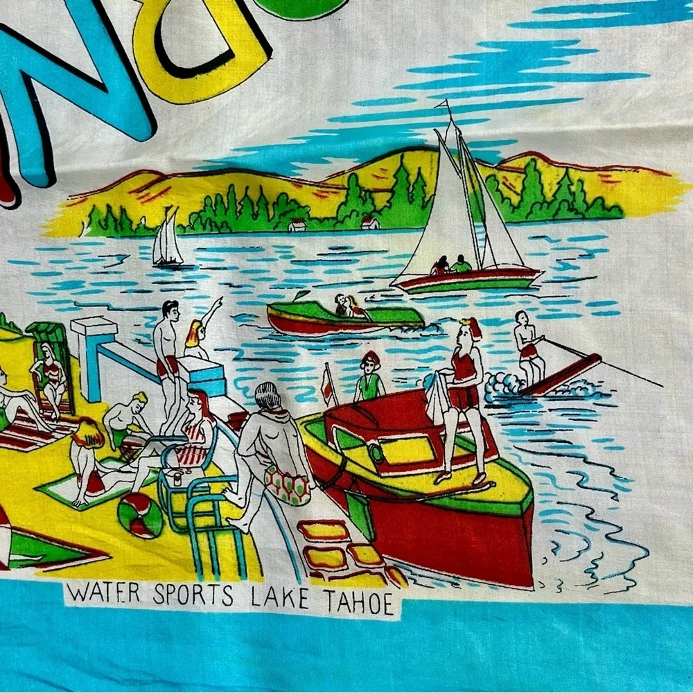 Vintage 1940s California Souvenir Map SILK Scarf Turquoise Yellow Red Oversized